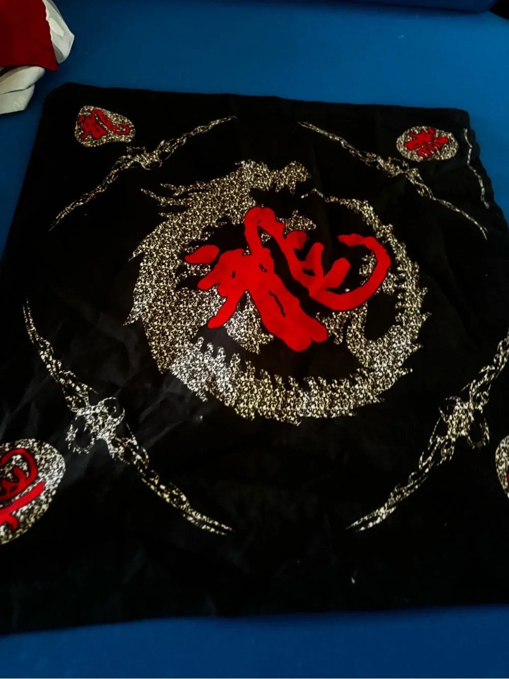 Black Bandana Scarf with Red Chinese Character and Silver Sparkle Design